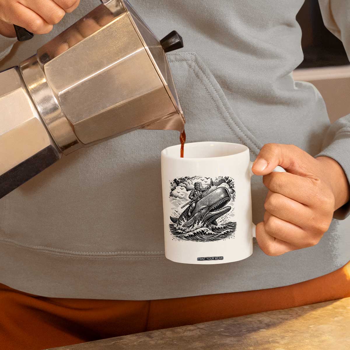 Funny Skeleton Whale Rider Coffee Mug Dark Maritime Gothic Vintage Nautical Graphic