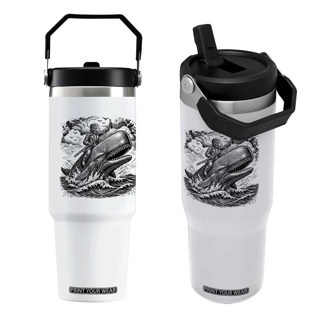 Funny Skeleton Whale Rider Flip Straw Tumbler Dark Maritime Gothic Vintage Nautical Graphic