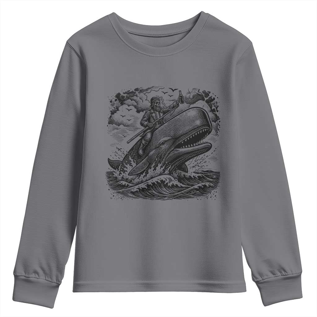 Funny Skeleton Whale Rider Youth Sweatshirt Dark Maritime Gothic Vintage Nautical Graphic