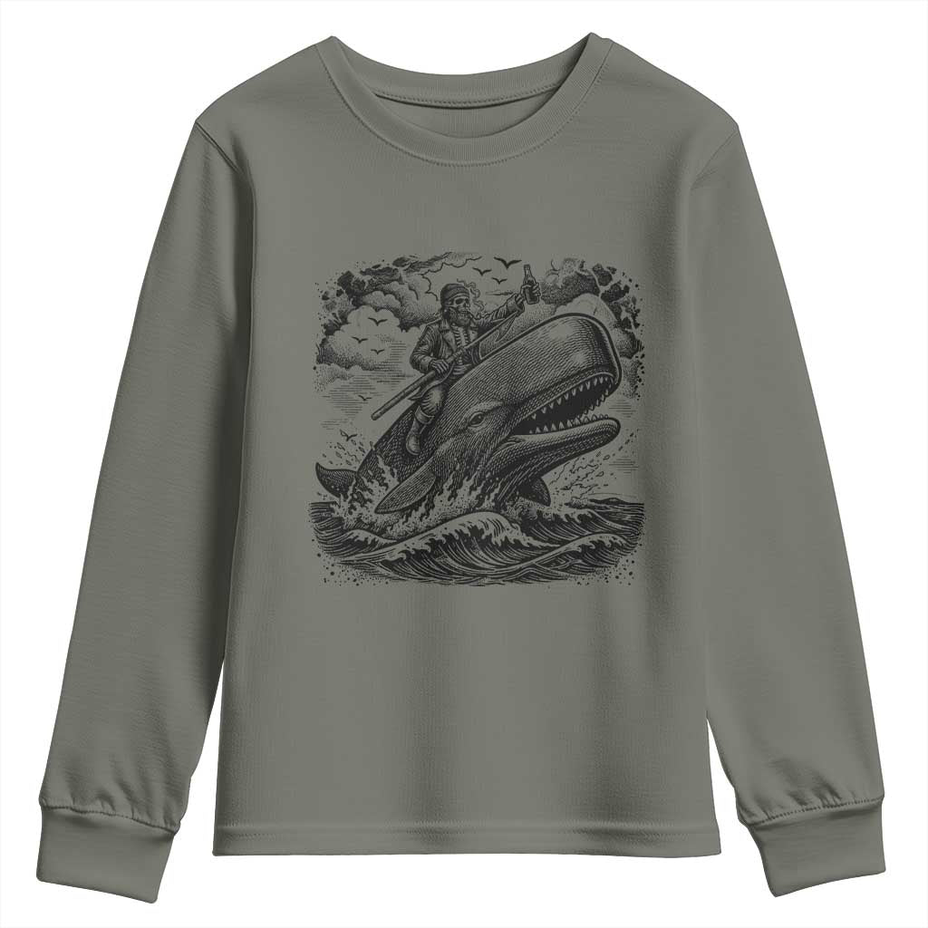 Funny Skeleton Whale Rider Youth Sweatshirt Dark Maritime Gothic Vintage Nautical Graphic