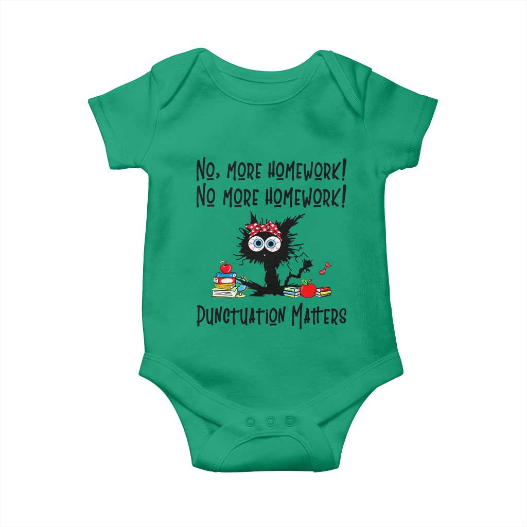 Black Cat English Teacher Gift Baby Onesie No More Homework Punctuation Matters Grammar Humor