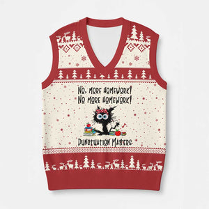 Black Cat English Teacher Gift V-Neck Knit Sweater Vest No More Homework Punctuation Matters Grammar Humor