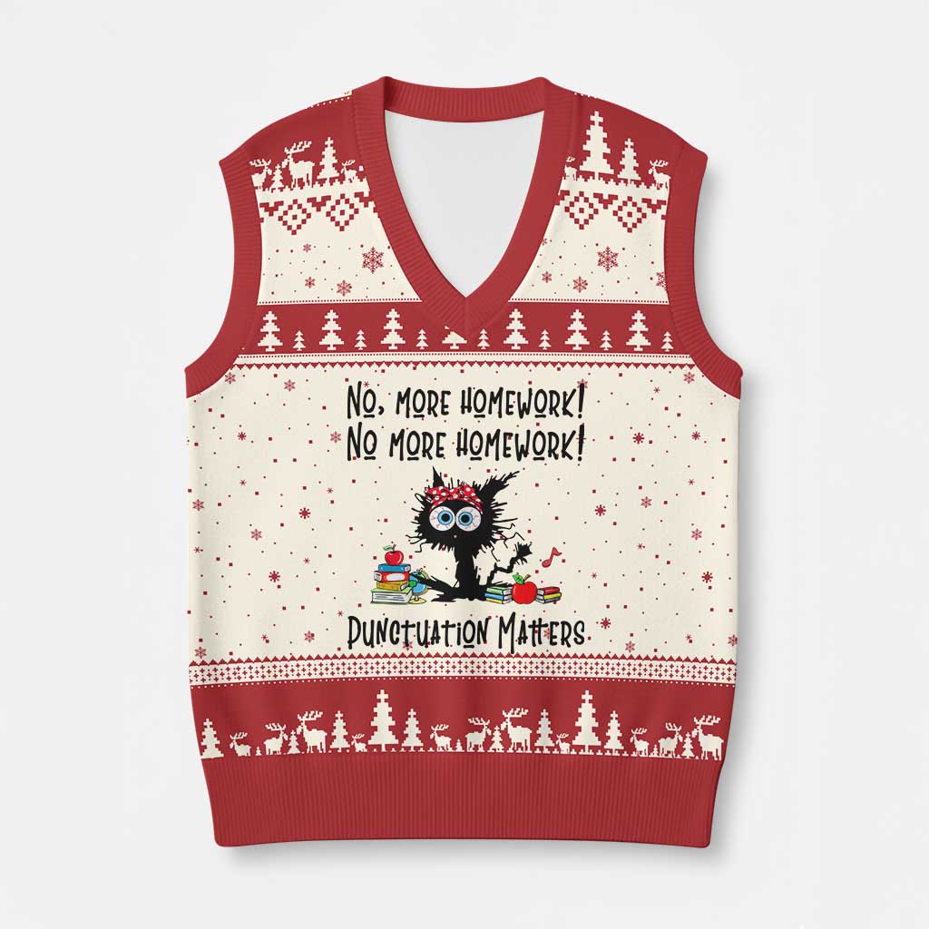 Black Cat English Teacher Gift V-Neck Knit Sweater Vest No More Homework Punctuation Matters Grammar Humor TS12 Beige Red Print Your Wear