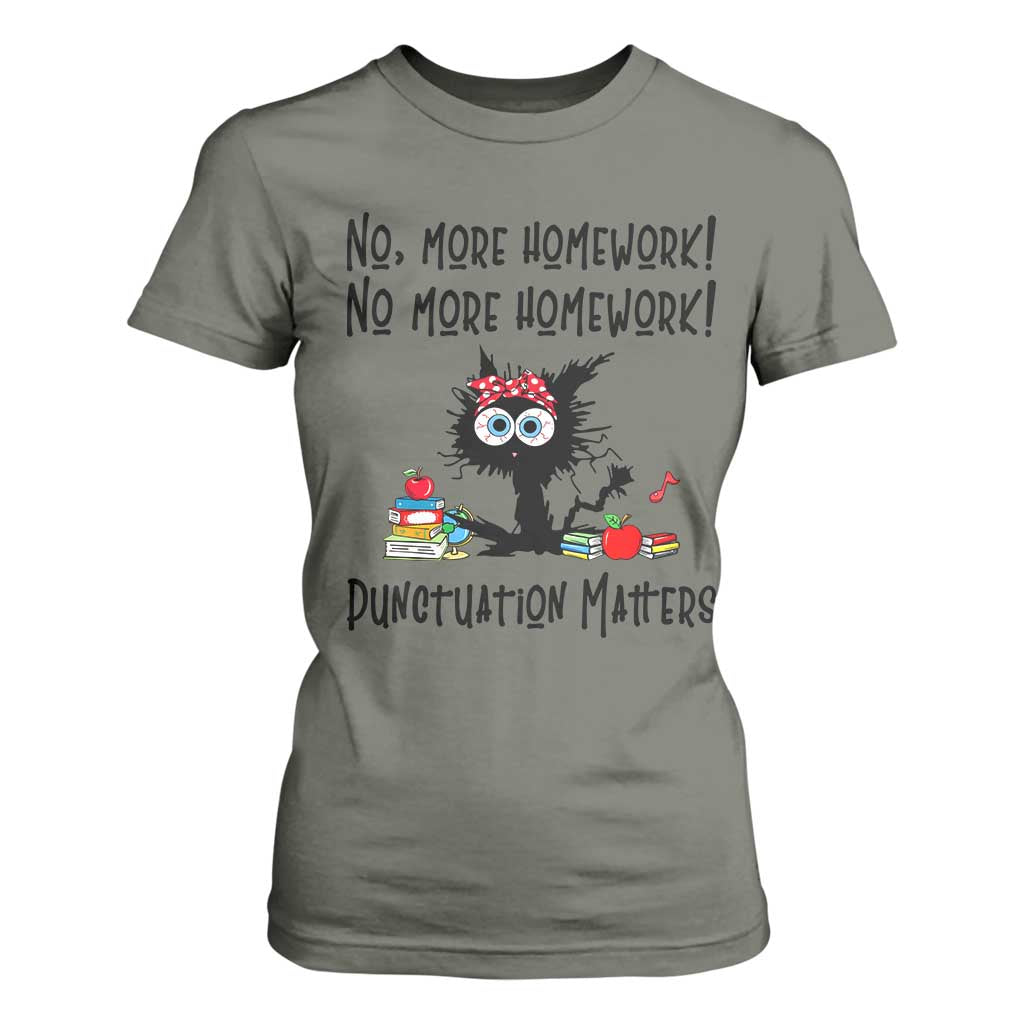 Black Cat English Teacher Gift T Shirt For Women No More Homework Punctuation Matters Grammar Humor