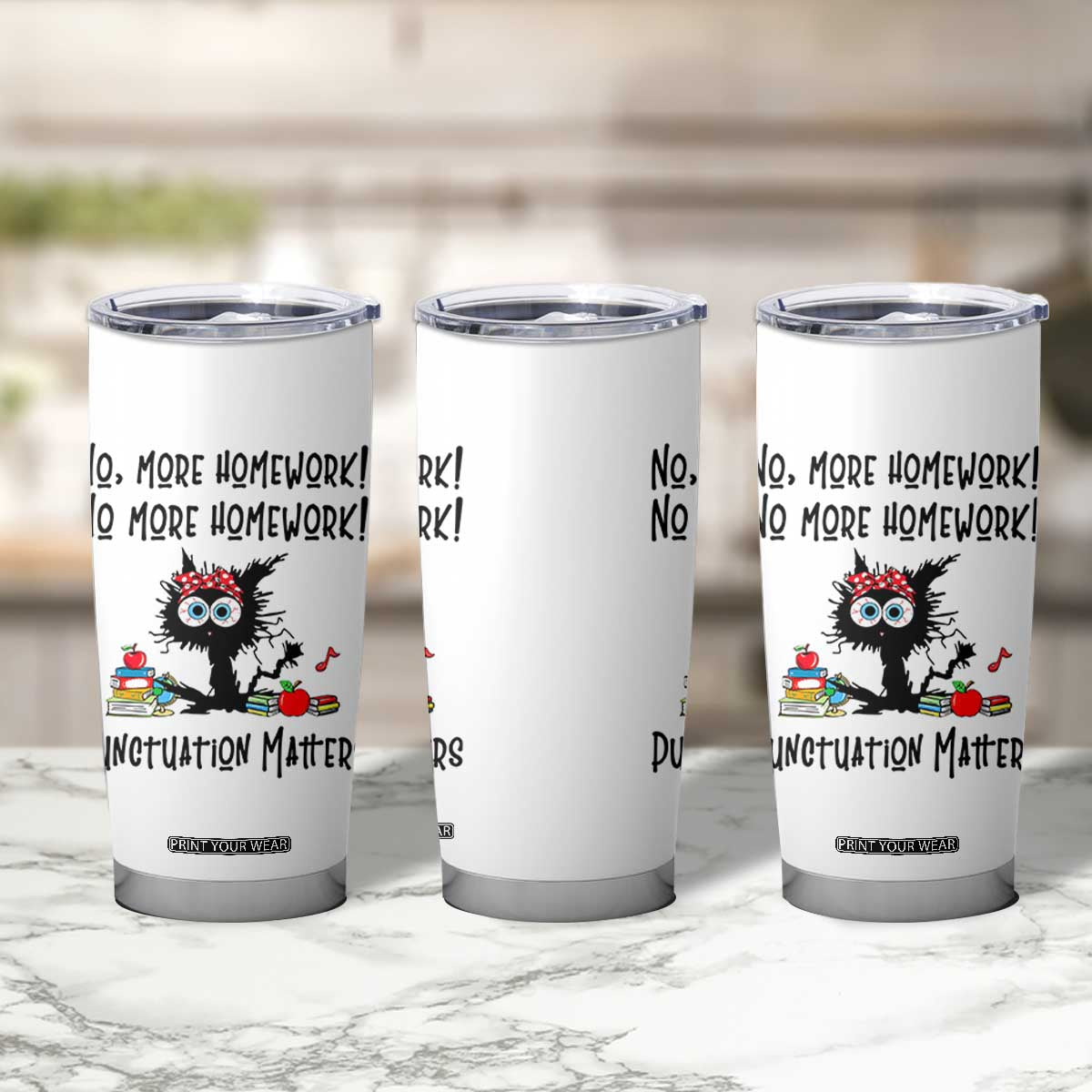 Black Cat English Teacher Gift Tumbler Cup No More Homework Punctuation Matters Grammar Humor