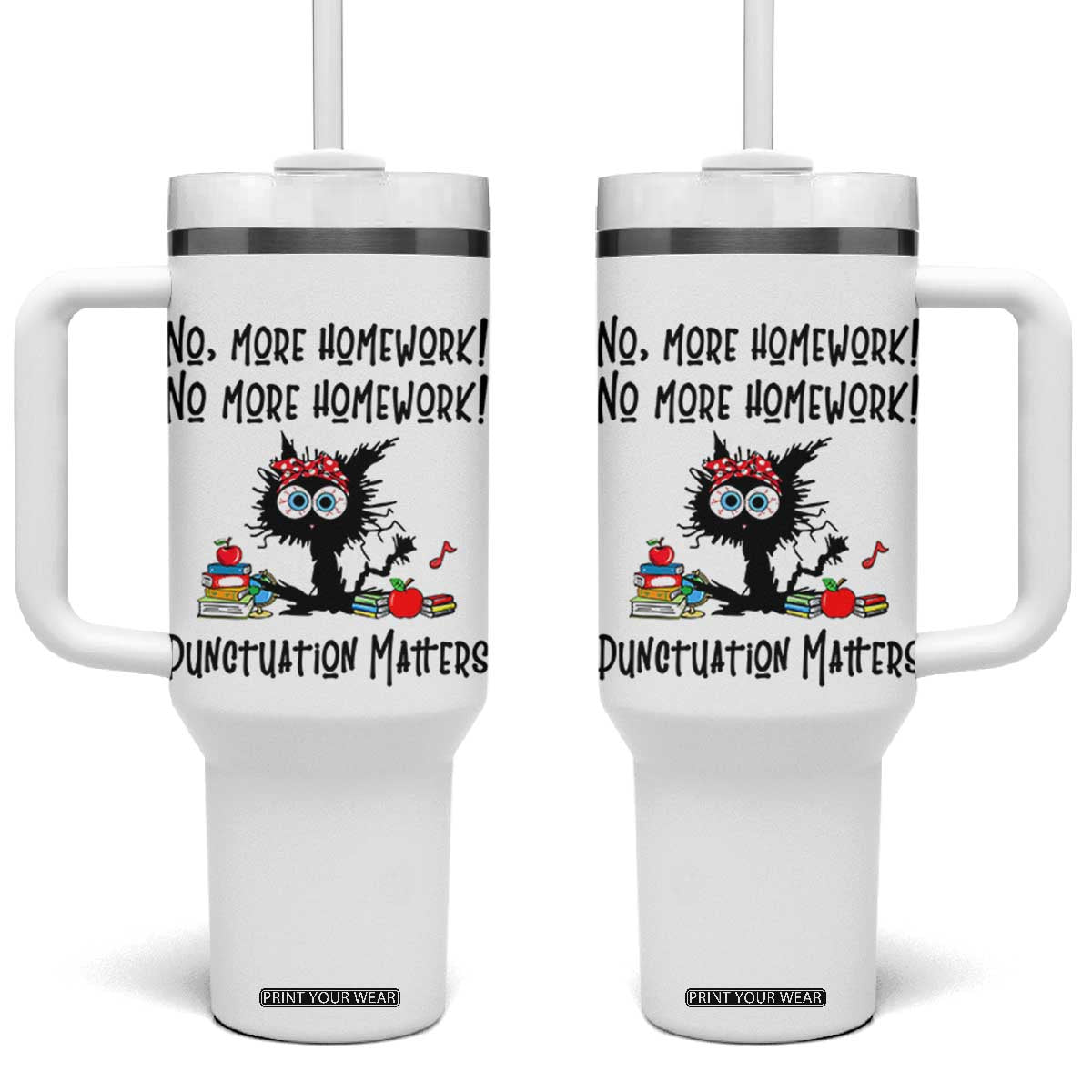 Black Cat English Teacher Gift Tumbler With Handle No More Homework Punctuation Matters Grammar Humor