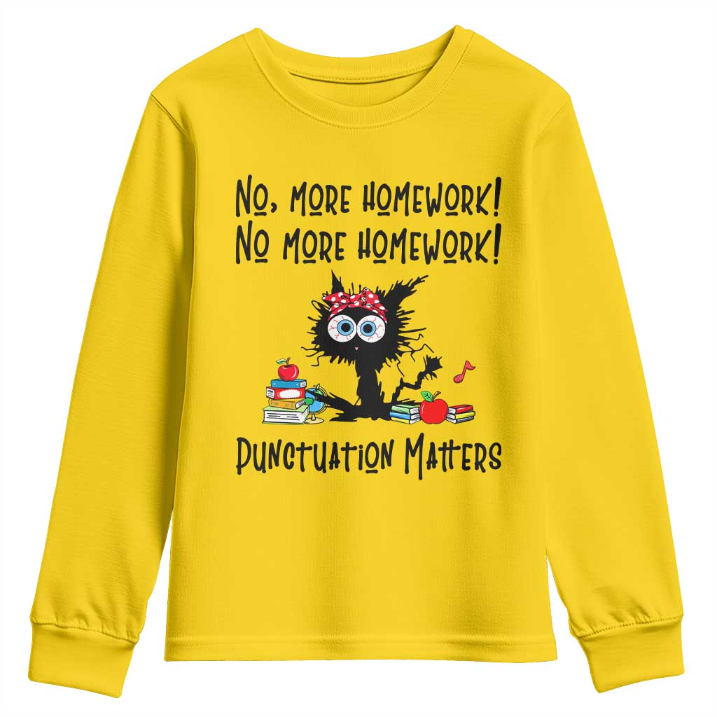 Black Cat English Teacher Gift Youth Sweatshirt No More Homework Punctuation Matters Grammar Humor