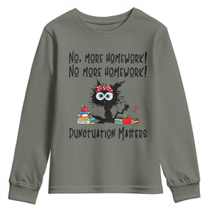 Black Cat English Teacher Gift Youth Sweatshirt No More Homework Punctuation Matters Grammar Humor