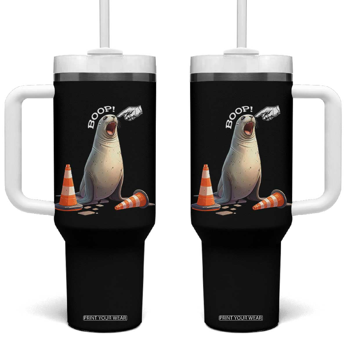 Funny Neil The Seal Boop Tumbler With Handle Viral Cute Seal Lover Gift TS12 One Size: 40 oz Black Print Your Wear