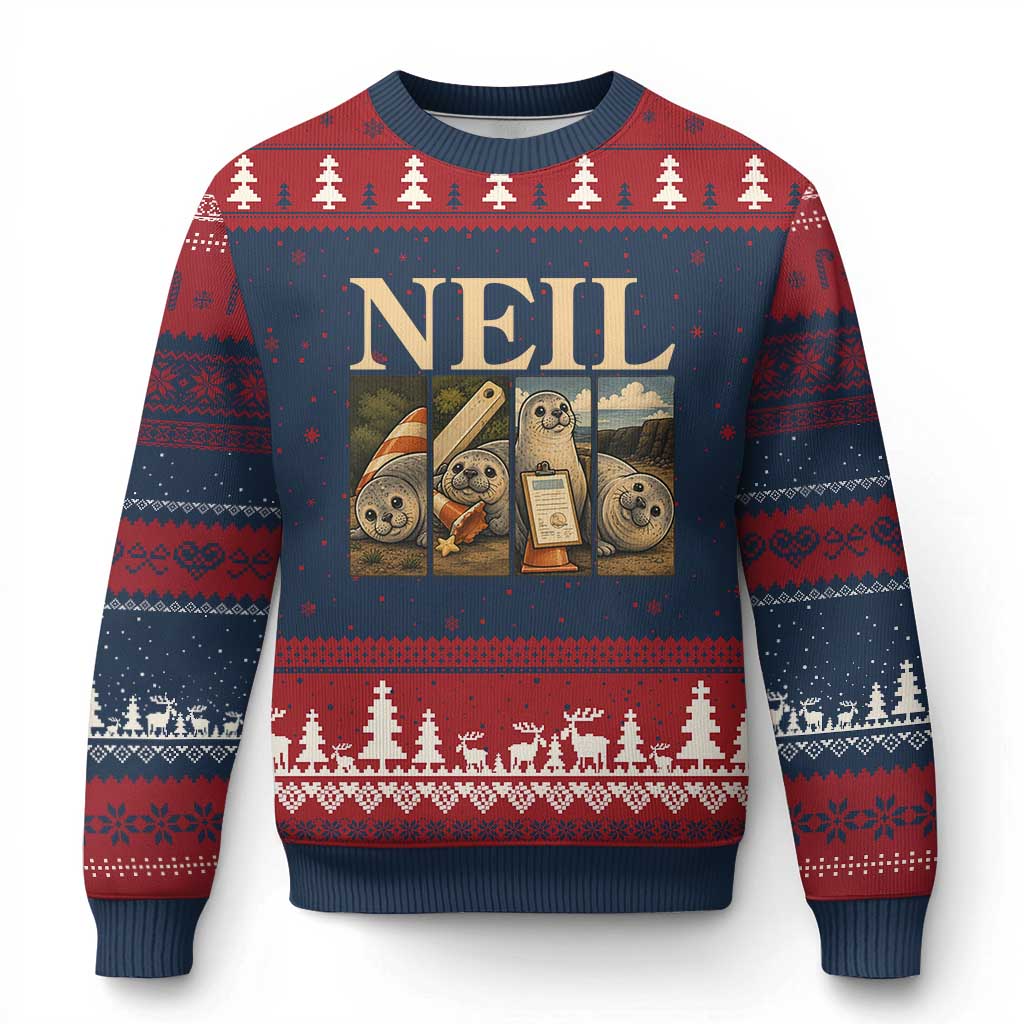 Funny Neil The Seal Ugly Christmas Sweater Viral Ocean Animal Meme Graphic TS12 Navy Red Print Your Wear