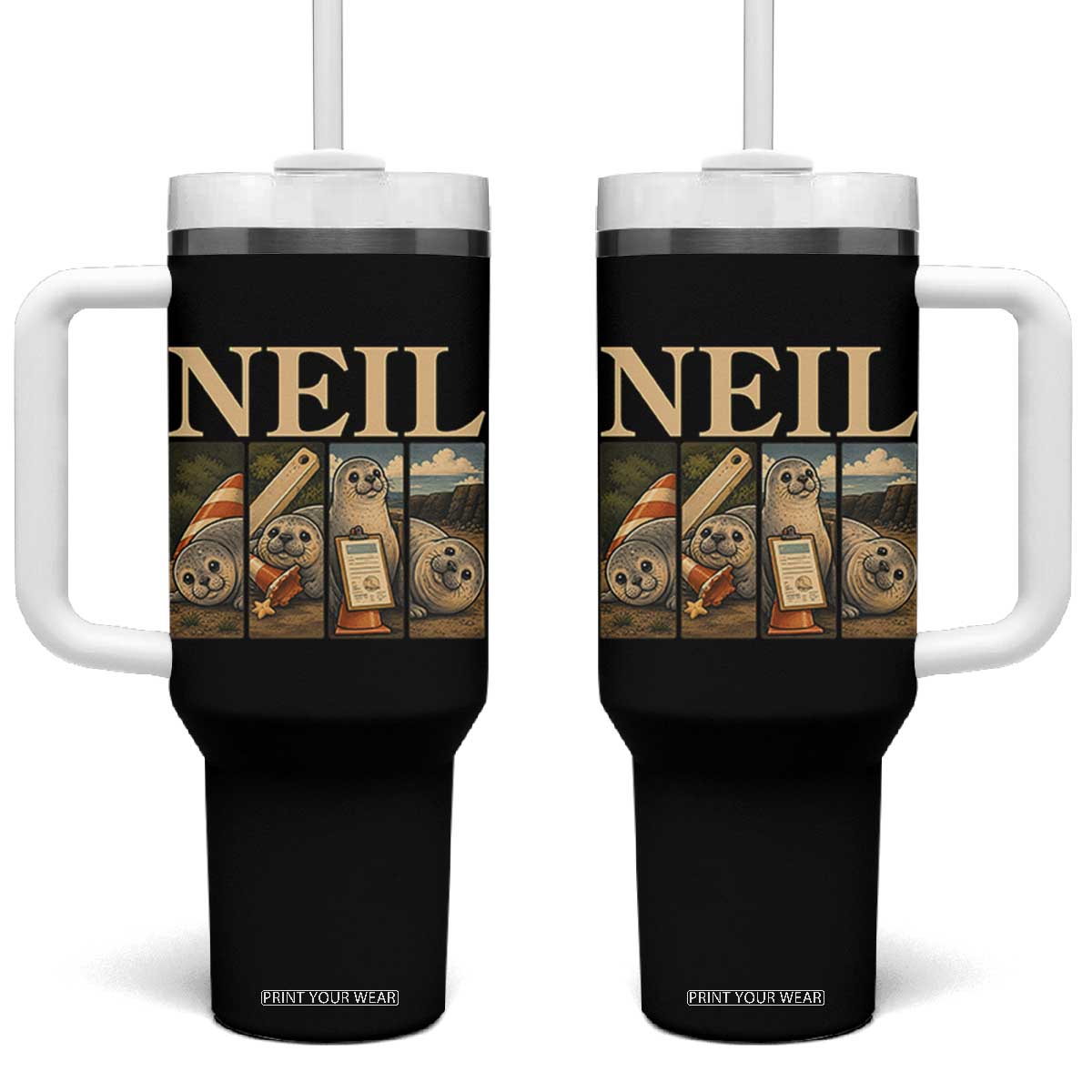 Funny Neil The Seal Tumbler With Handle Viral Ocean Animal Meme Graphic