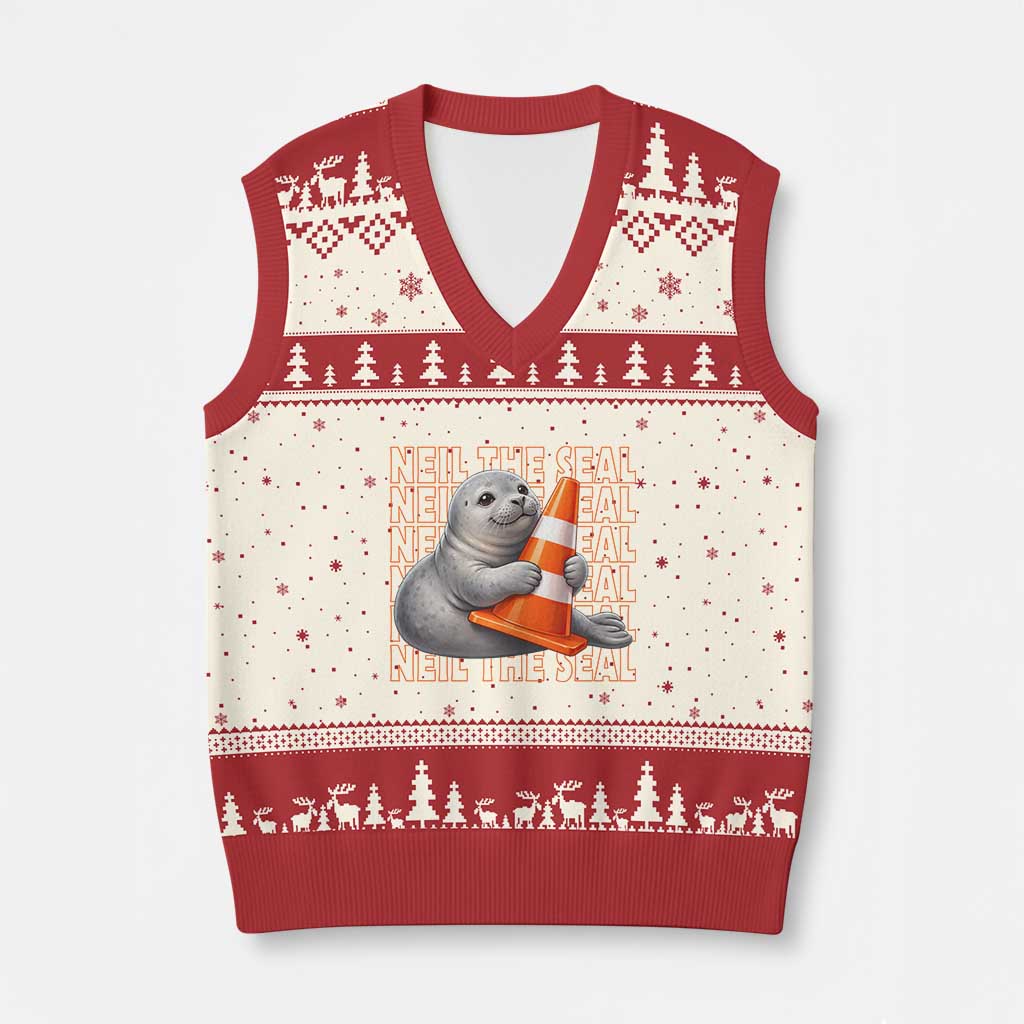 Neil The Seal Groovy V-Neck Knit Sweater Vest Retro Vintage Cute Seal Lover Graphic