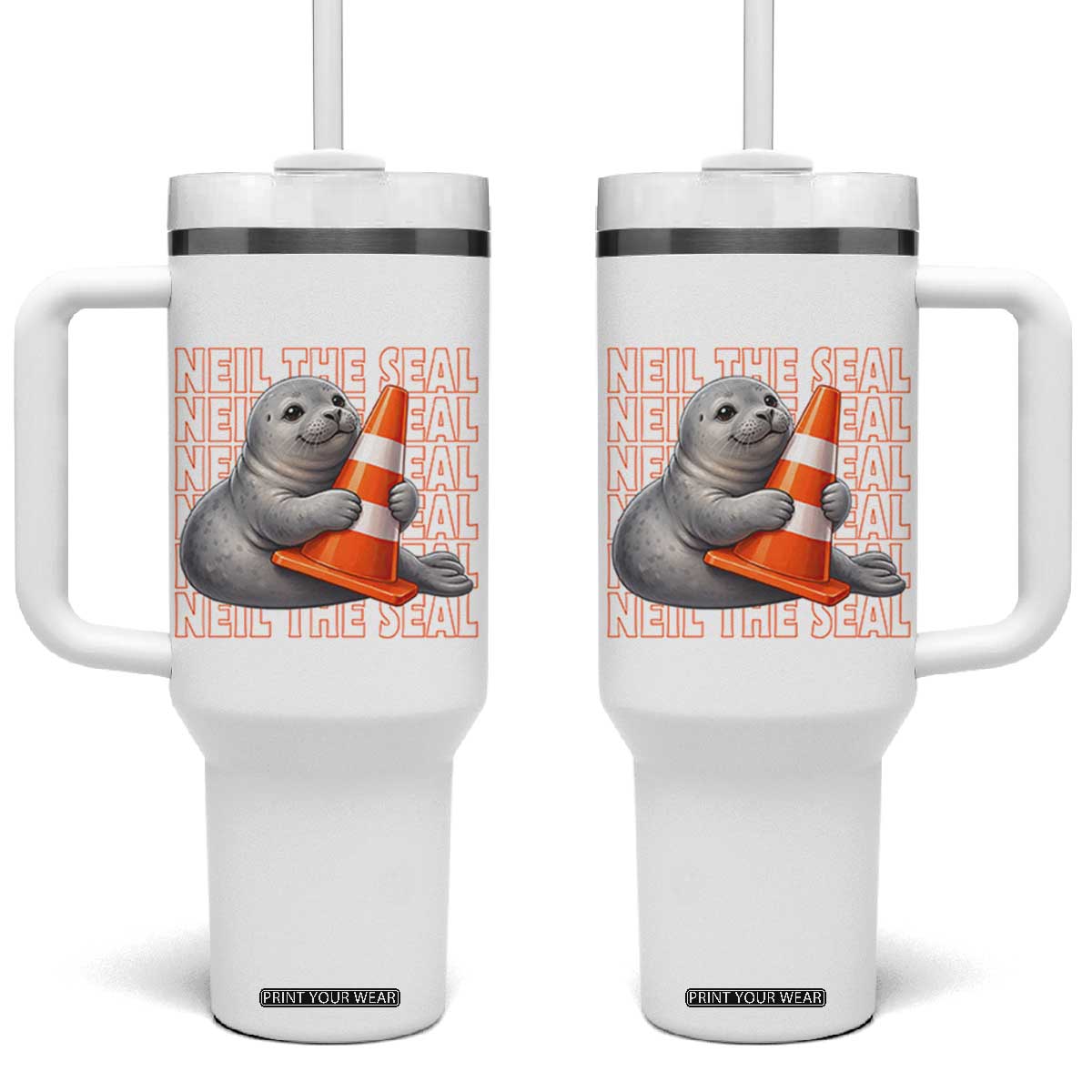 Neil The Seal Groovy Tumbler With Handle Retro Vintage Cute Seal Lover Graphic TS12 One Size: 40 oz White Print Your Wear