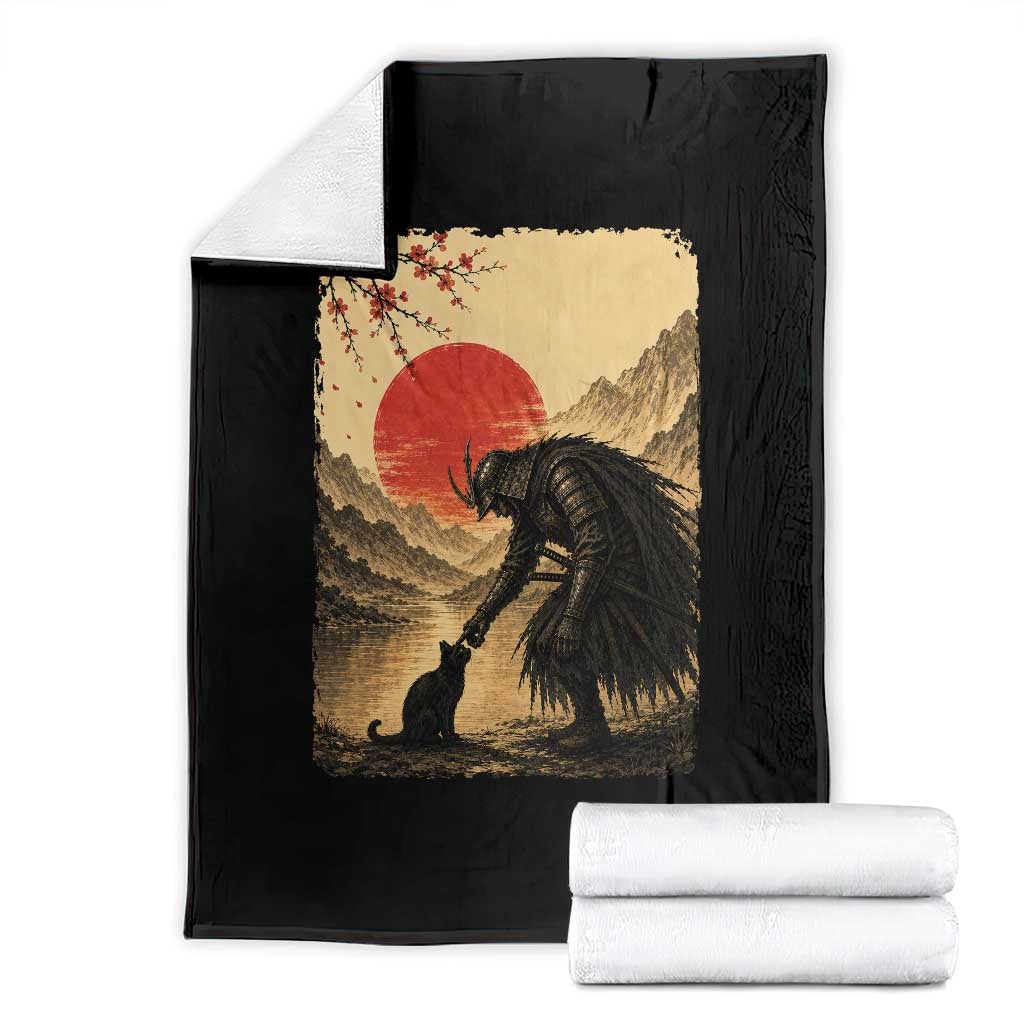 Vintage Japanese Art Samurai Warrior Black Cat Throw Blanket Ukiyoe Style Boop Meme TS12 Black Print Your Wear