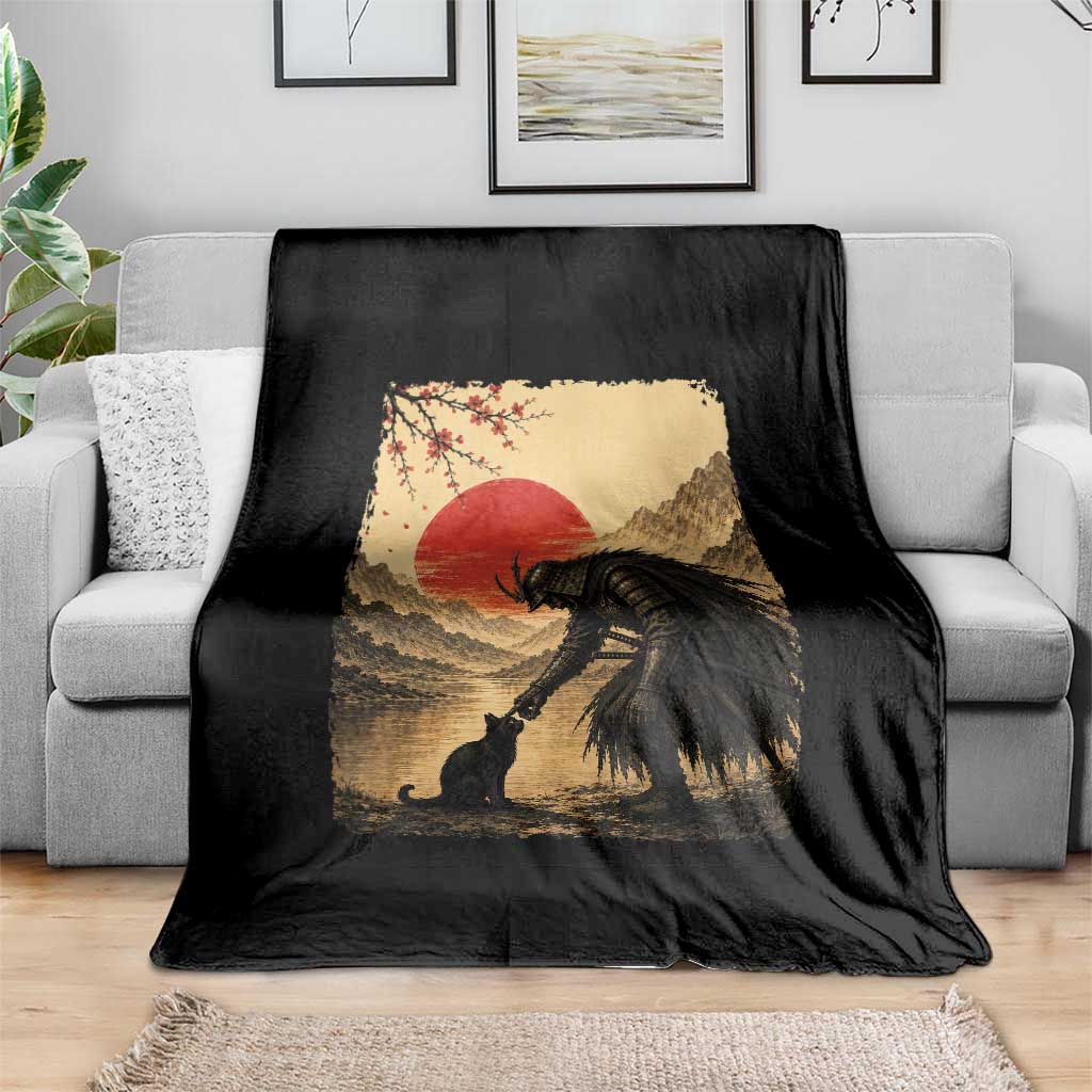 Vintage Japanese Art Samurai Warrior Black Cat Throw Blanket Ukiyoe Style Boop Meme