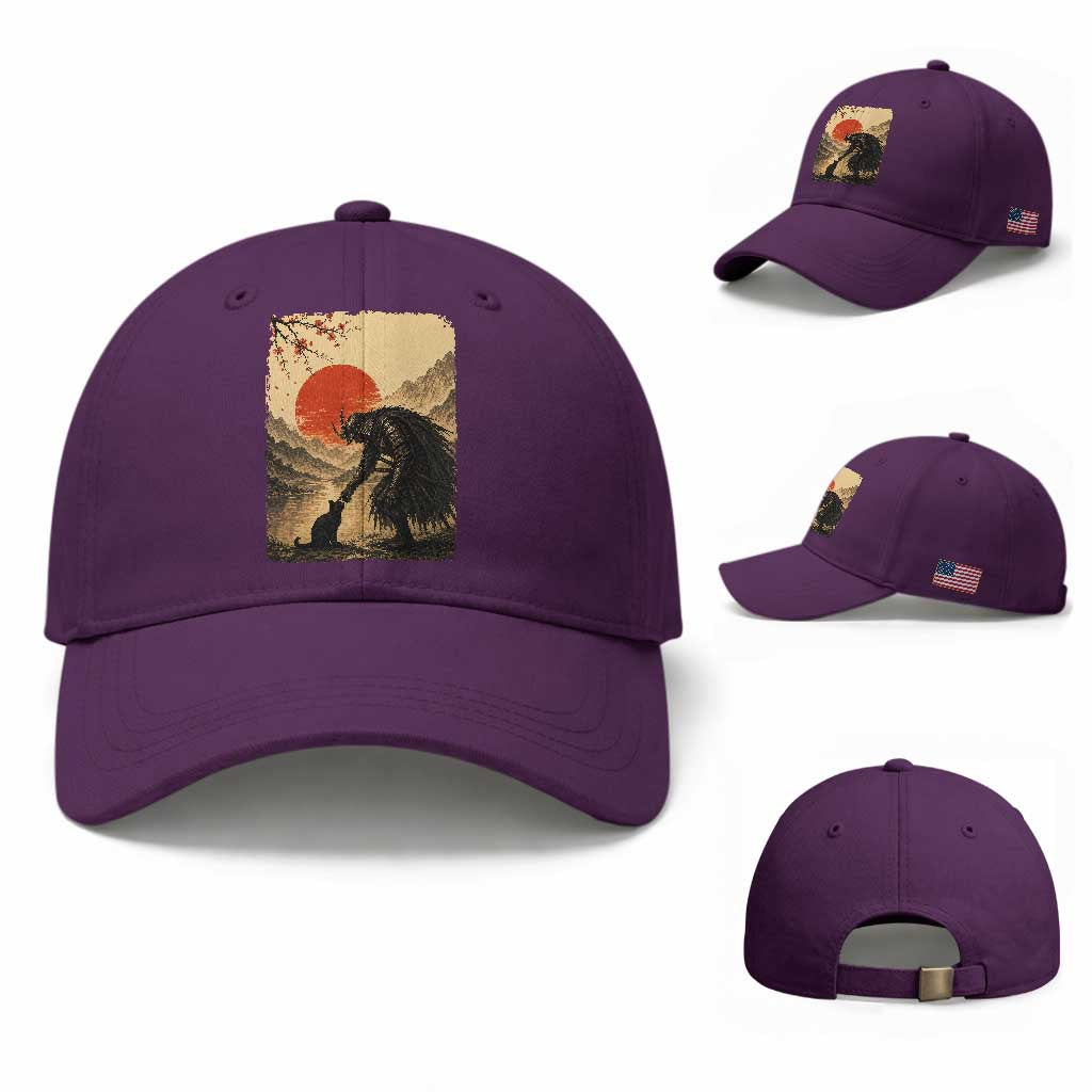 Vintage Japanese Art Samurai Warrior Black Cat Baseball Cap Ukiyoe Style Boop Meme TS12 Baseball Cap Universal Fit Purple Print Your Wear