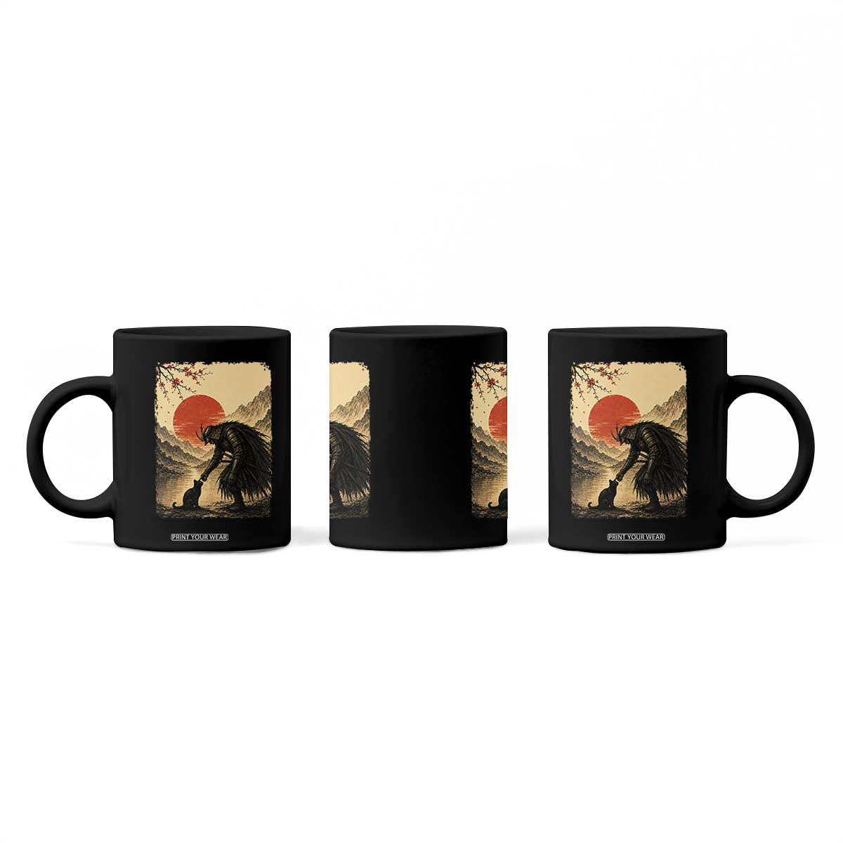Vintage Japanese Art Samurai Warrior Black Cat Coffee Mug Ukiyoe Style Boop Meme TS12 Print Your Wear