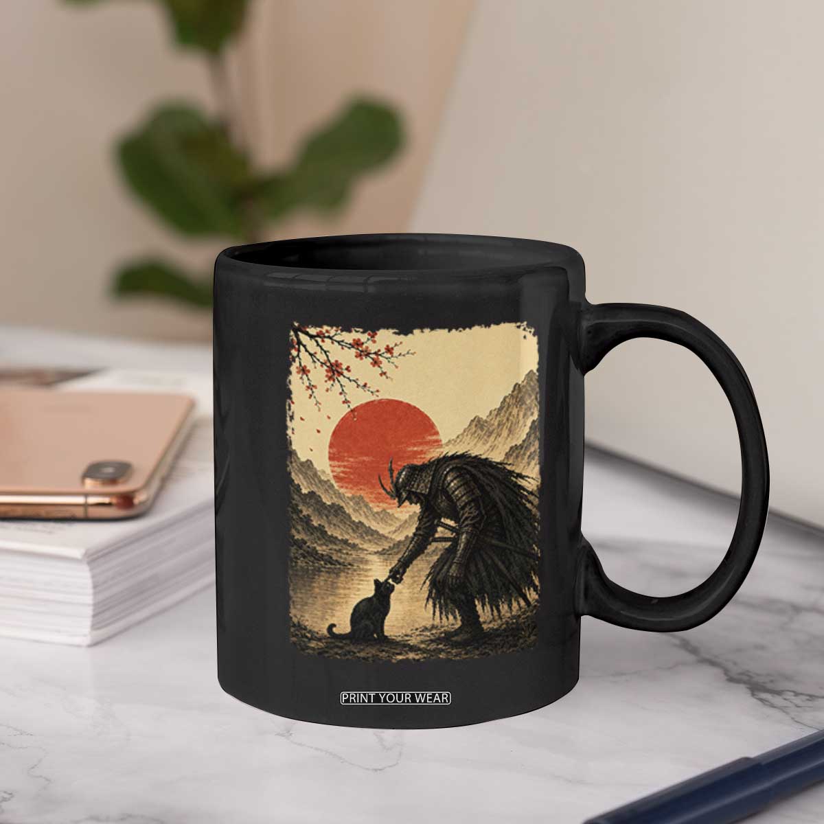 Vintage Japanese Art Samurai Warrior Black Cat Coffee Mug Ukiyoe Style Boop Meme TS12 Print Your Wear