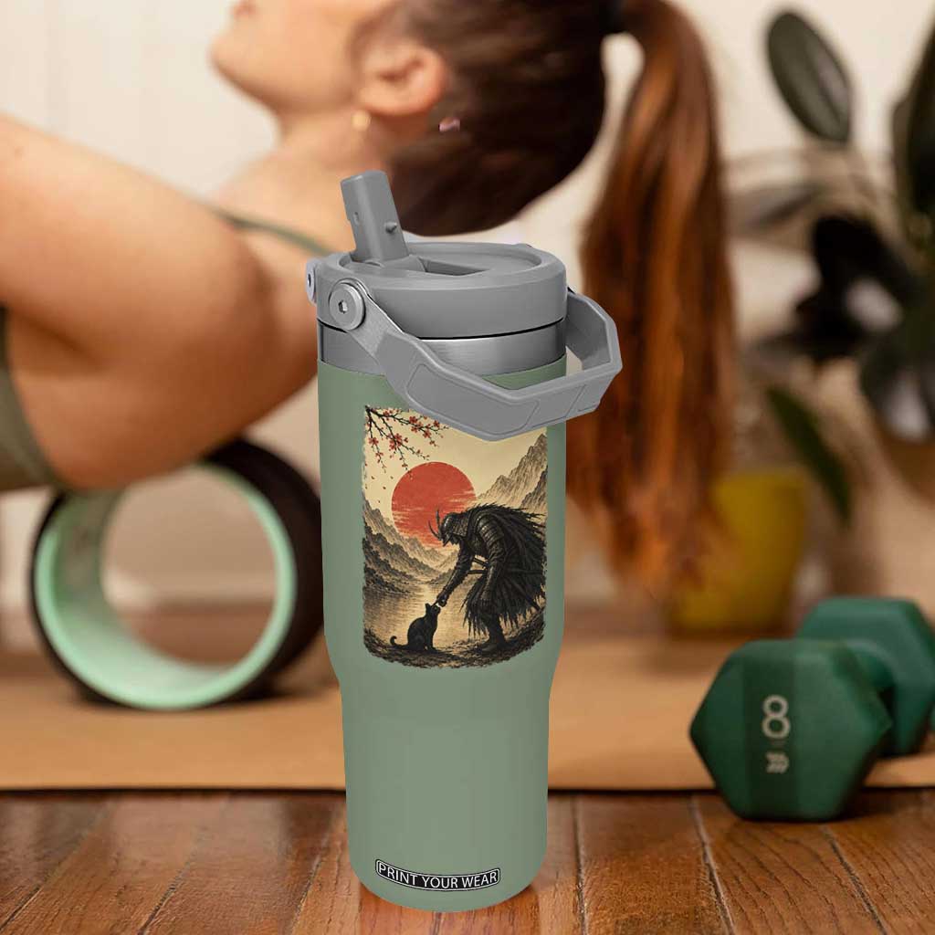 Vintage Japanese Art Samurai Warrior Black Cat Flip Straw Tumbler Ukiyoe Style Boop Meme