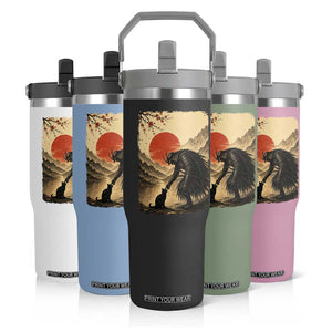 Vintage Japanese Art Samurai Warrior Black Cat Flip Straw Tumbler Ukiyoe Style Boop Meme