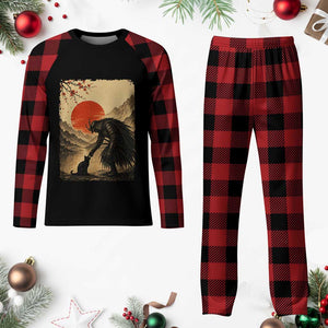 Vintage Japanese Art Samurai Warrior Black Cat Plaid Pajama Set Ukiyoe Style Boop Meme