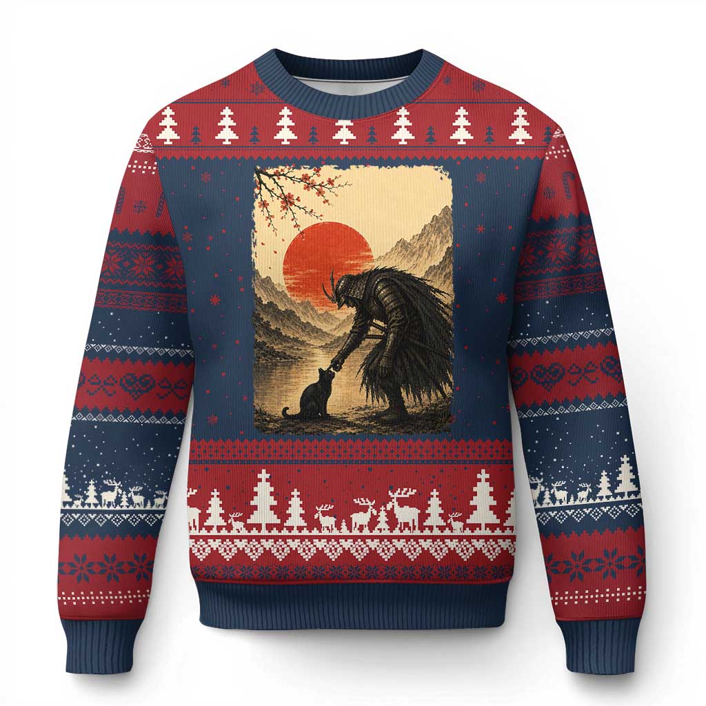 Vintage Japanese Art Samurai Warrior Black Cat Ugly Christmas Sweater Ukiyoe Style Boop Meme TS12 Navy Red Print Your Wear