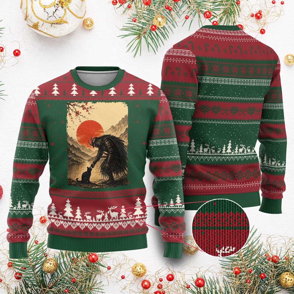 Vintage Japanese Art Samurai Warrior Black Cat Ugly Christmas Sweater Ukiyoe Style Boop Meme