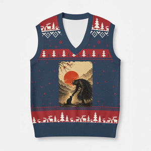 Vintage Japanese Art Samurai Warrior Black Cat V-Neck Knit Sweater Vest Ukiyoe Style Boop Meme
