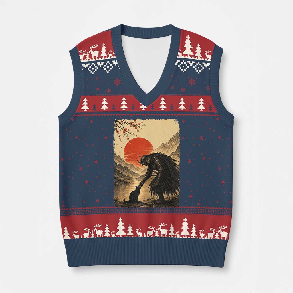Vintage Japanese Art Samurai Warrior Black Cat V-Neck Knit Sweater Vest Ukiyoe Style Boop Meme TS12 Navy Red Print Your Wear