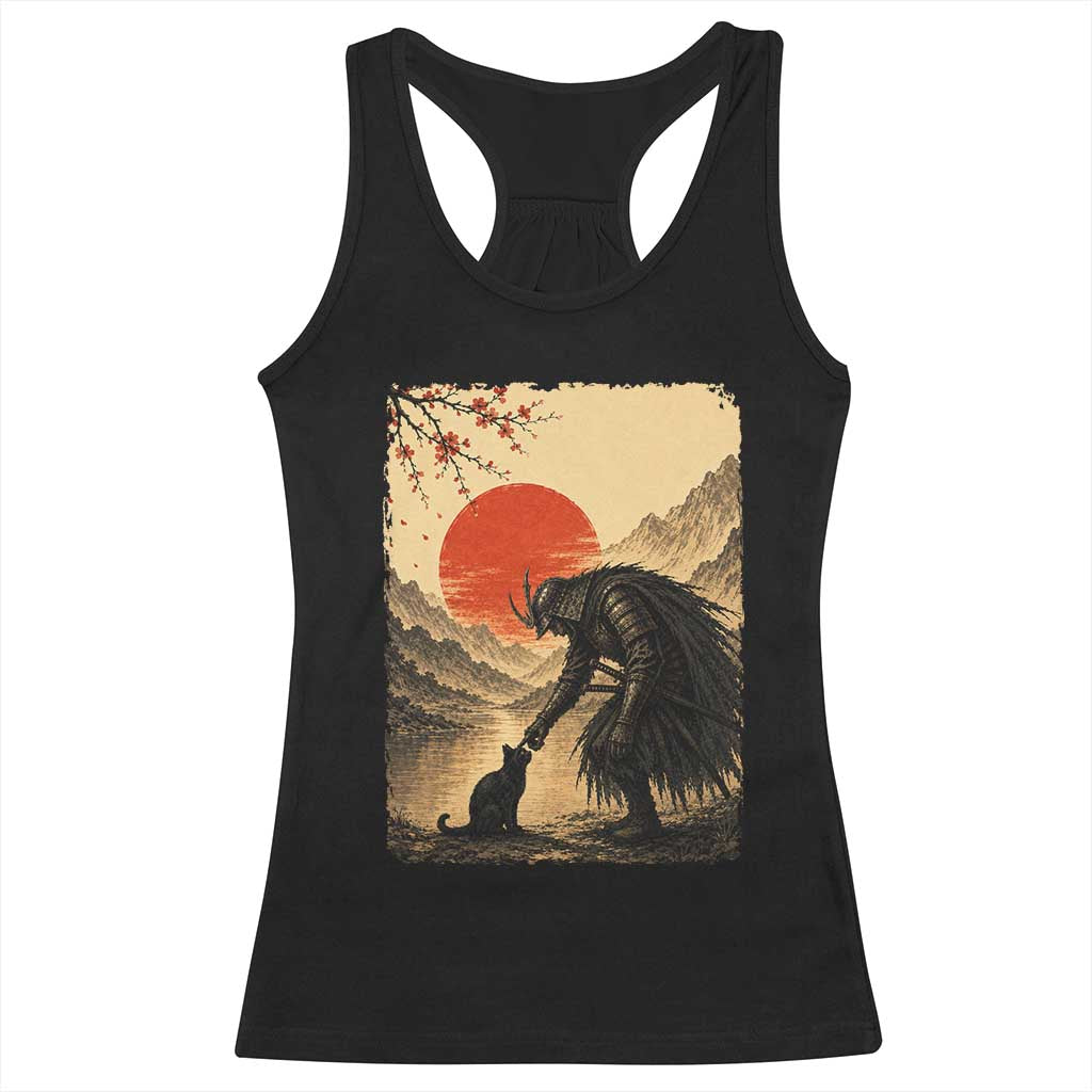 Vintage Japanese Art Samurai Warrior Black Cat Racerback Tank Top Ukiyoe Style Boop Meme TS12 Black Print Your Wear