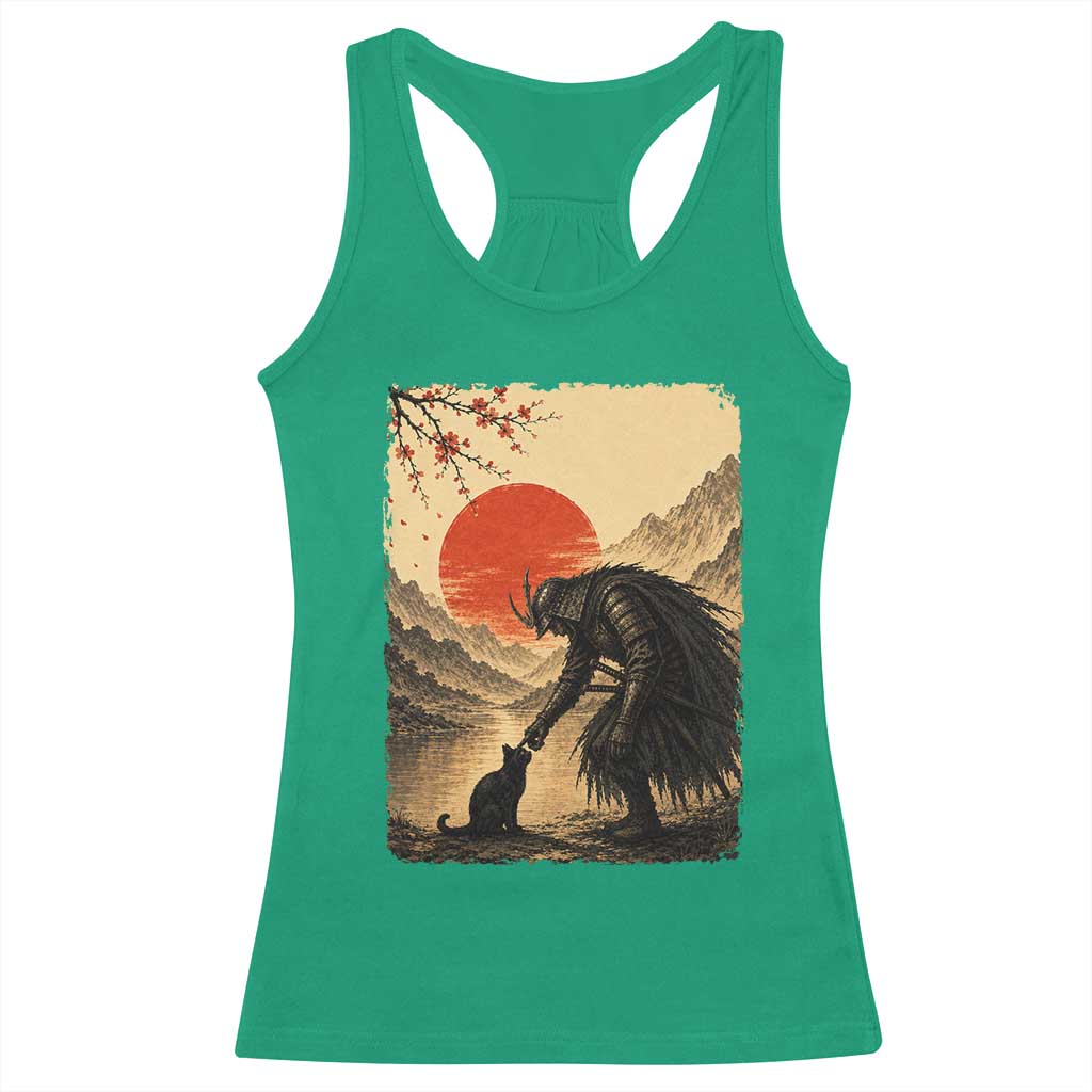 Vintage Japanese Art Samurai Warrior Black Cat Racerback Tank Top Ukiyoe Style Boop Meme