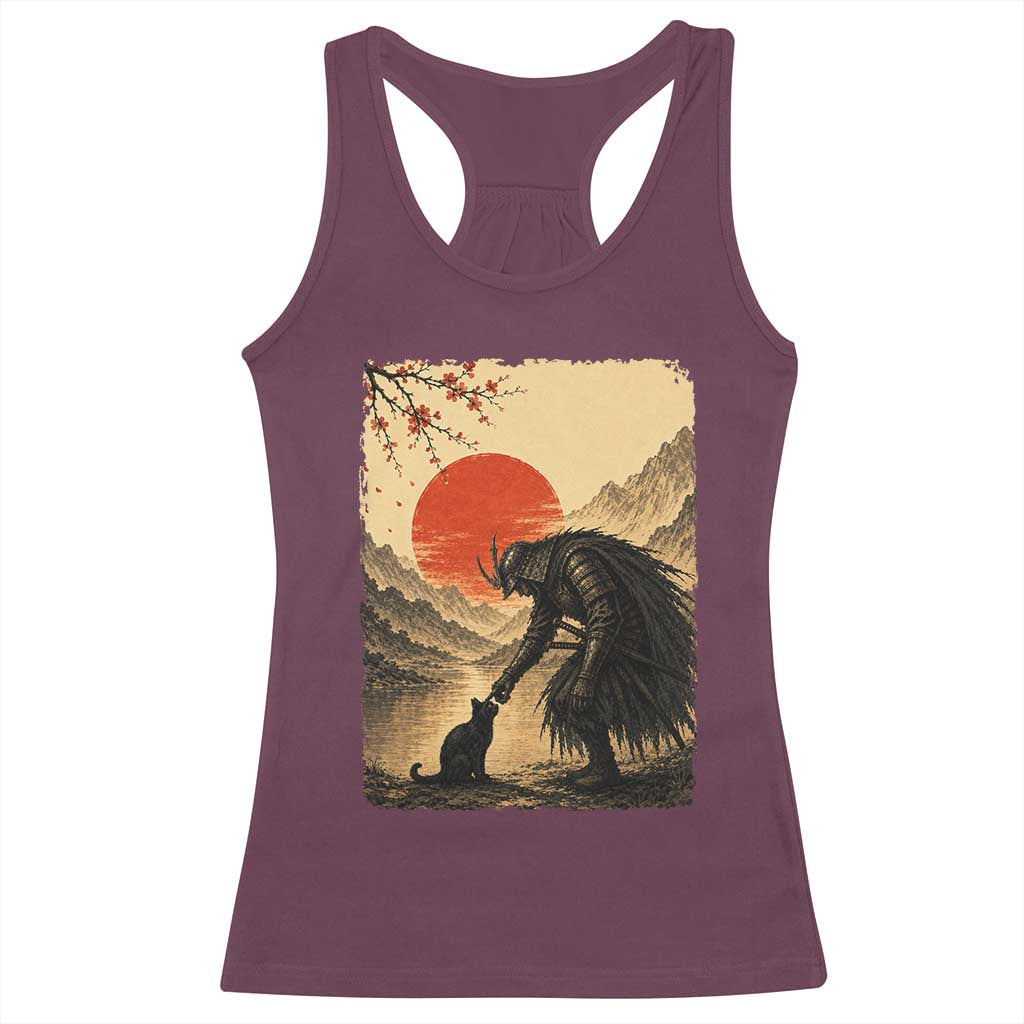 Vintage Japanese Art Samurai Warrior Black Cat Racerback Tank Top Ukiyoe Style Boop Meme