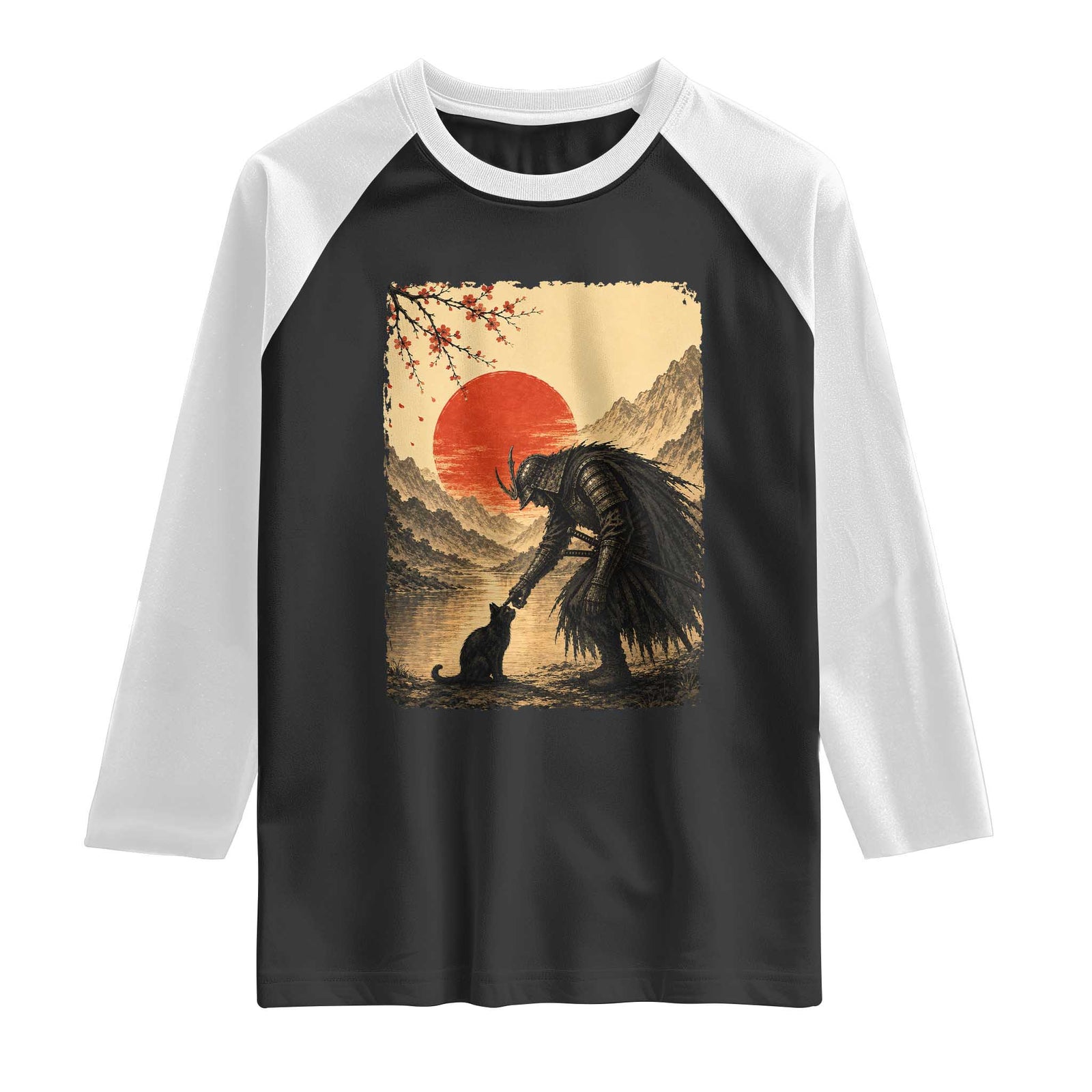 Vintage Japanese Art Samurai Warrior Black Cat Raglan Shirt Ukiyoe Style Boop Meme TS12 Black White Print Your Wear
