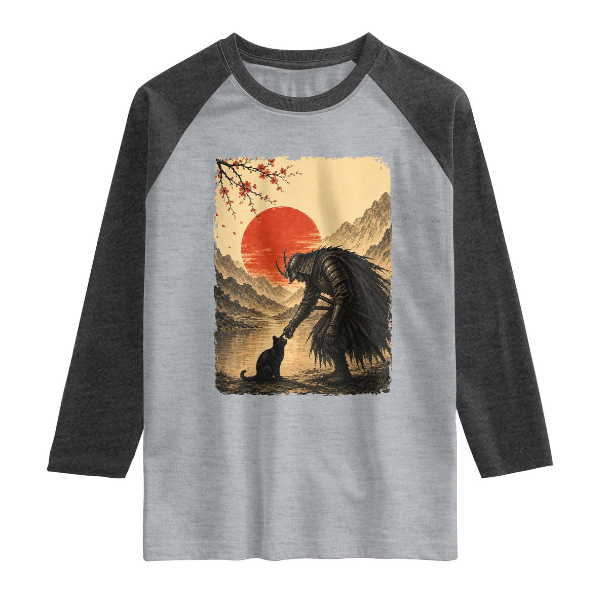 Vintage Japanese Art Samurai Warrior Black Cat Raglan Shirt Ukiyoe Style Boop Meme