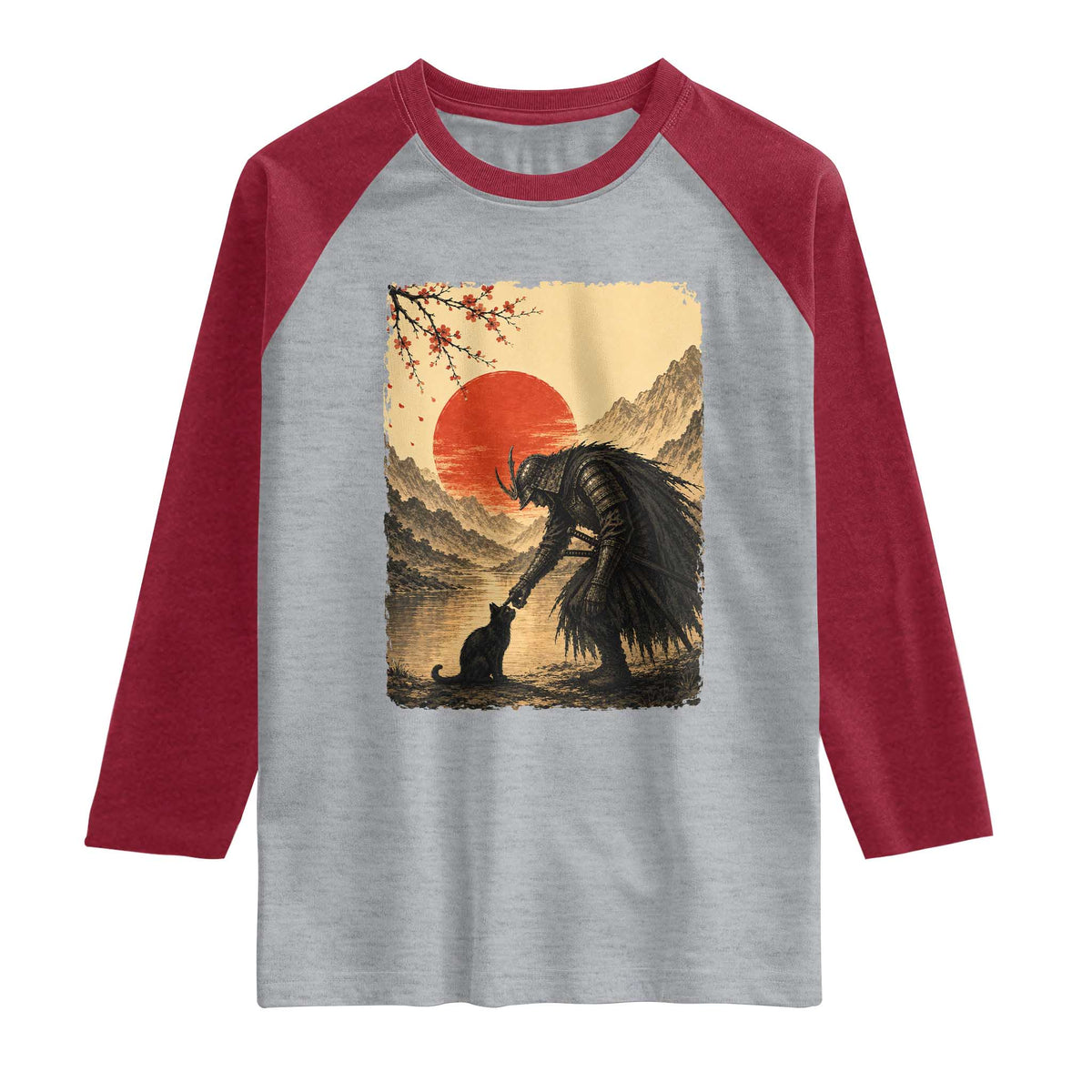 Vintage Japanese Art Samurai Warrior Black Cat Raglan Shirt Ukiyoe Style Boop Meme