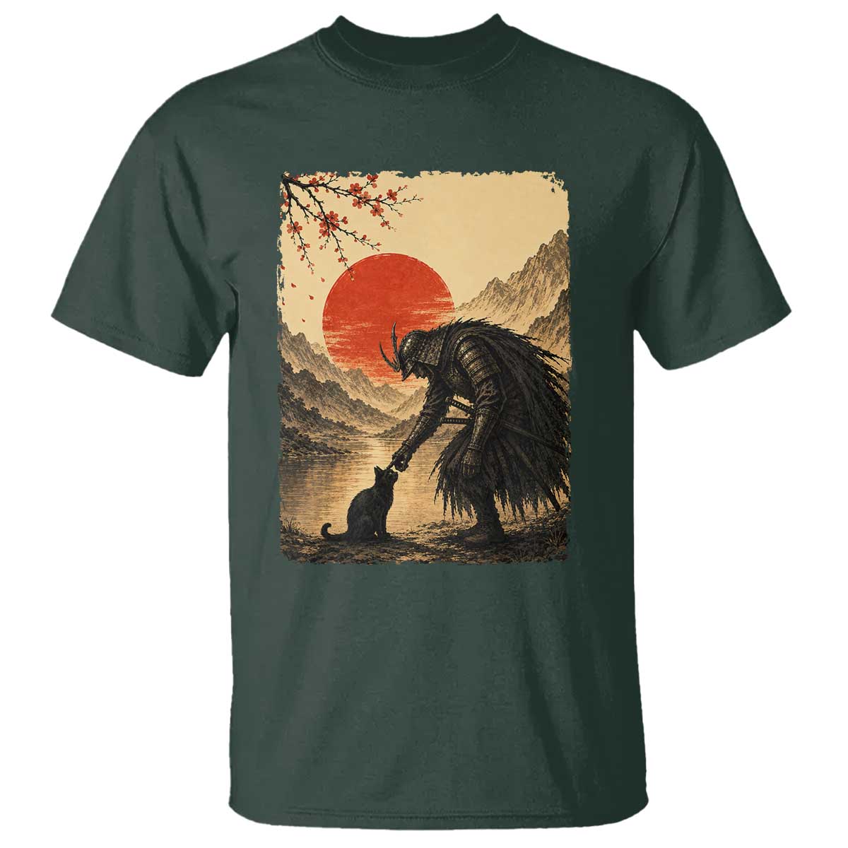 Vintage Japanese Art Samurai Warrior Black Cat T Shirt Ukiyoe Style Boop Meme TS12 Dark Forest Green Print Your Wear