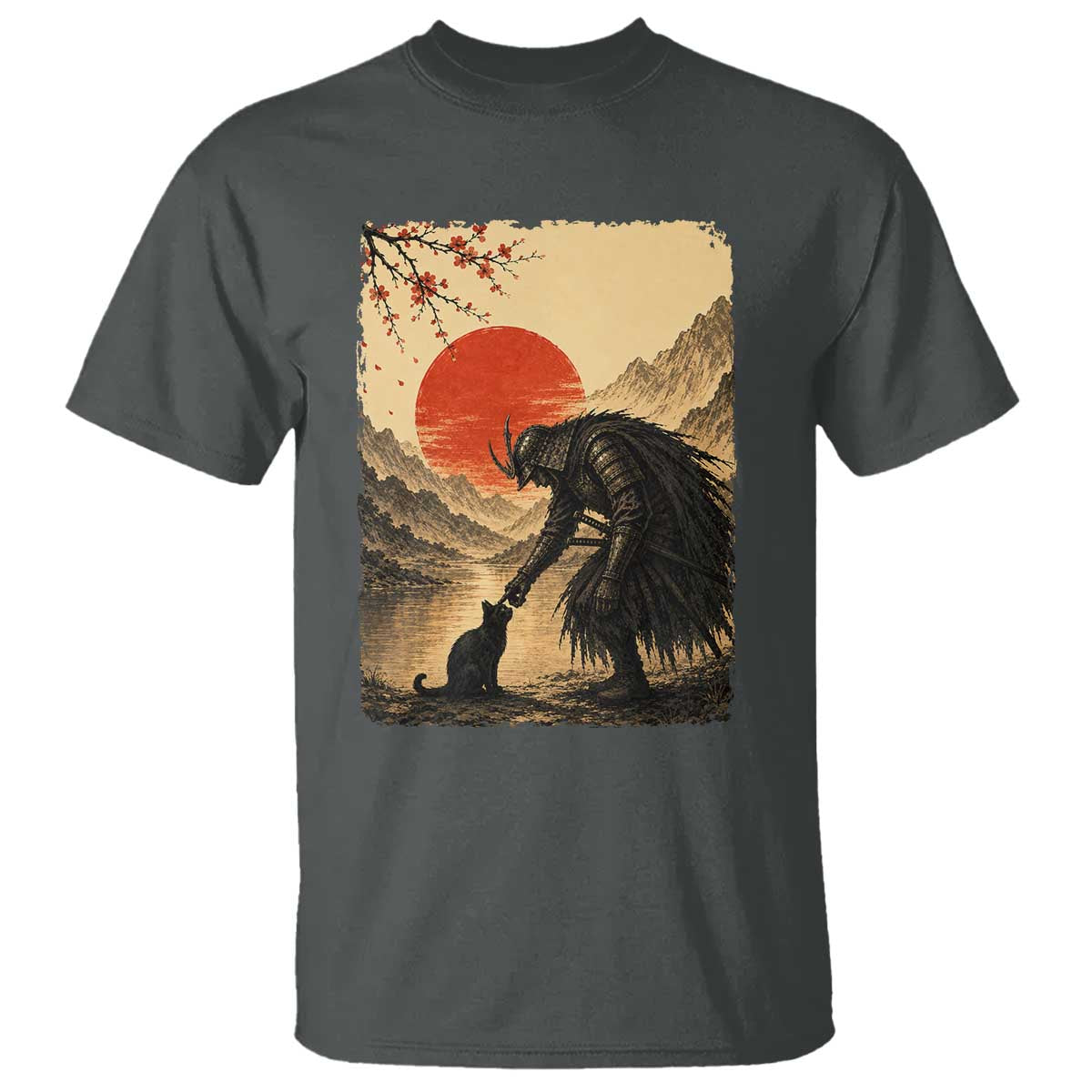 Vintage Japanese Art Samurai Warrior Black Cat T Shirt Ukiyoe Style Boop Meme TS12 Dark Heather Print Your Wear