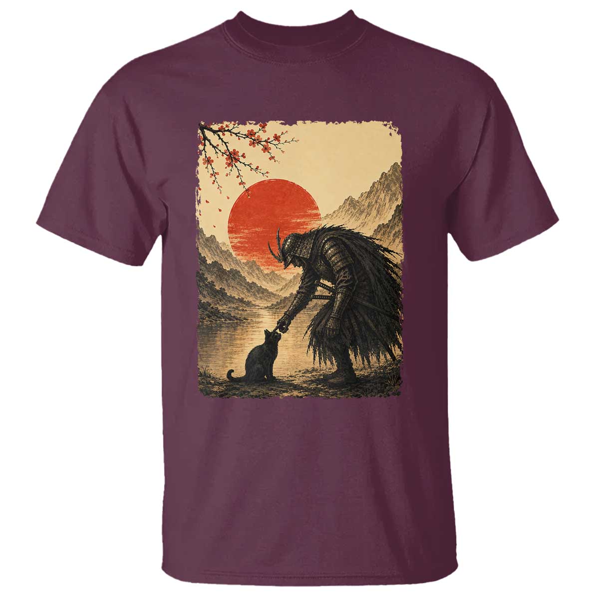 Vintage Japanese Art Samurai Warrior Black Cat T Shirt Ukiyoe Style Boop Meme TS12 Maroon Print Your Wear