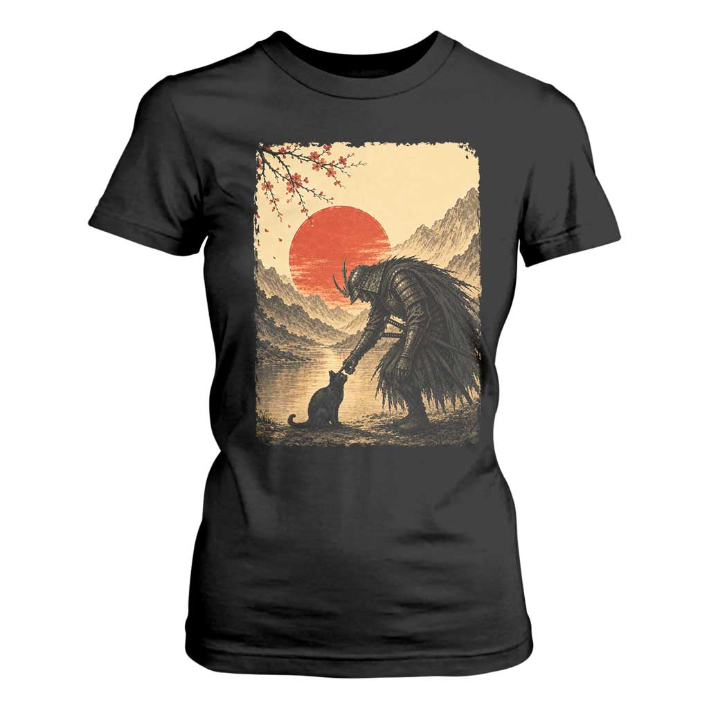 Vintage Japanese Art Samurai Warrior Black Cat T Shirt For Women Ukiyoe Style Boop Meme