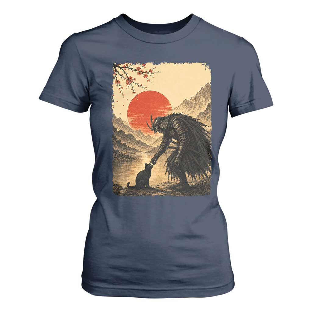 Vintage Japanese Art Samurai Warrior Black Cat T Shirt For Women Ukiyoe Style Boop Meme