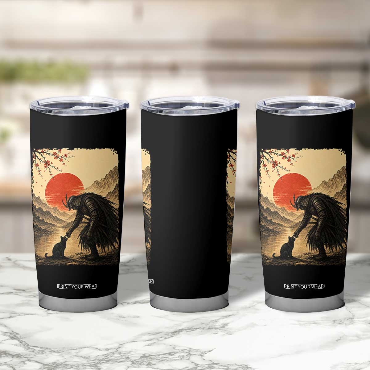 Vintage Japanese Art Samurai Warrior Black Cat Tumbler Cup Ukiyoe Style Boop Meme