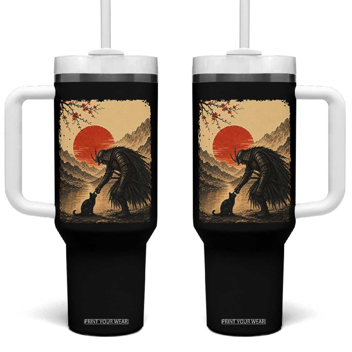 Vintage Japanese Art Samurai Warrior Black Cat Tumbler With Handle Ukiyoe Style Boop Meme TS12 One Size: 40 oz Black Print Your Wear