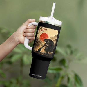 Vintage Japanese Art Samurai Warrior Black Cat Tumbler With Handle Ukiyoe Style Boop Meme