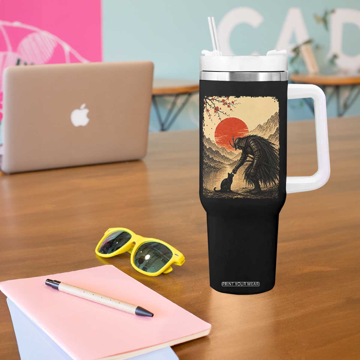 Vintage Japanese Art Samurai Warrior Black Cat Tumbler With Handle Ukiyoe Style Boop Meme