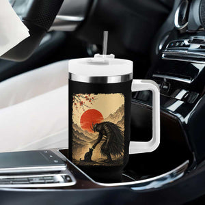 Vintage Japanese Art Samurai Warrior Black Cat Tumbler With Handle Ukiyoe Style Boop Meme
