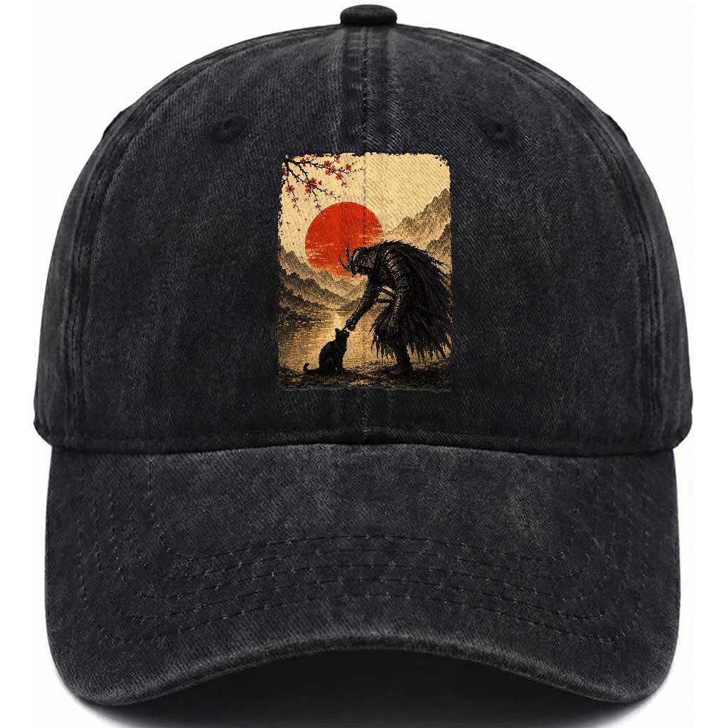 Vintage Japanese Art Samurai Warrior Black Cat Washed Cotton Baseball Cap Ukiyoe Style Boop Meme TS12 Print Your Wear