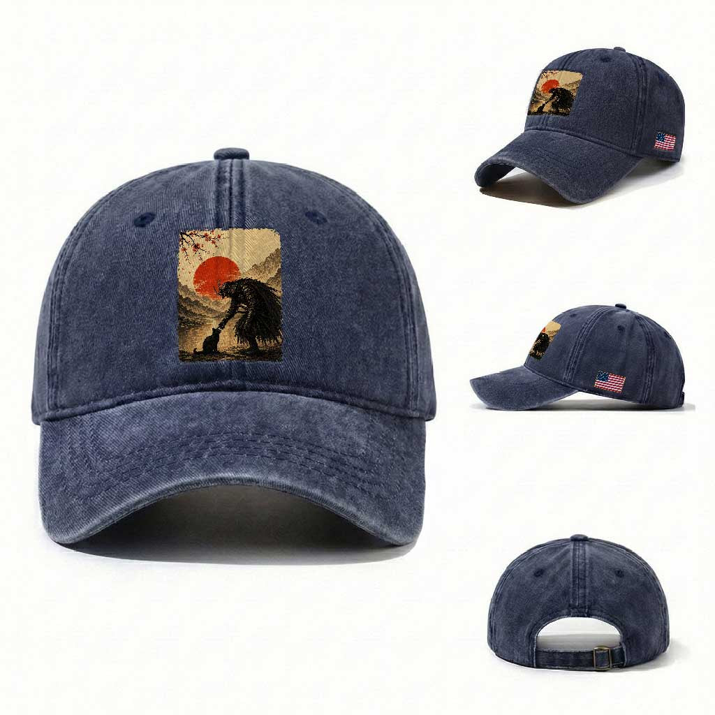 Vintage Japanese Art Samurai Warrior Black Cat Washed Cotton Baseball Cap Ukiyoe Style Boop Meme TS12 Washed Cap Universal Fit Navy Print Your Wear