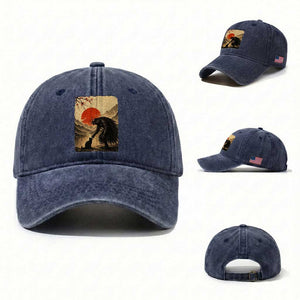 Vintage Japanese Art Samurai Warrior Black Cat Washed Cotton Baseball Cap Ukiyoe Style Boop Meme TS12 Washed Cap Universal Fit Navy Print Your Wear
