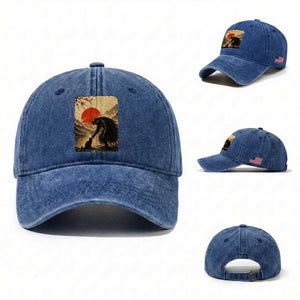 Vintage Japanese Art Samurai Warrior Black Cat Washed Cotton Baseball Cap Ukiyoe Style Boop Meme TS12 Washed Cap Universal Fit Royal Blue Print Your Wear