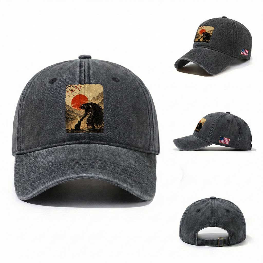 Vintage Japanese Art Samurai Warrior Black Cat Washed Cotton Baseball Cap Ukiyoe Style Boop Meme TS12 Washed Cap Universal Fit Dark Gray Print Your Wear